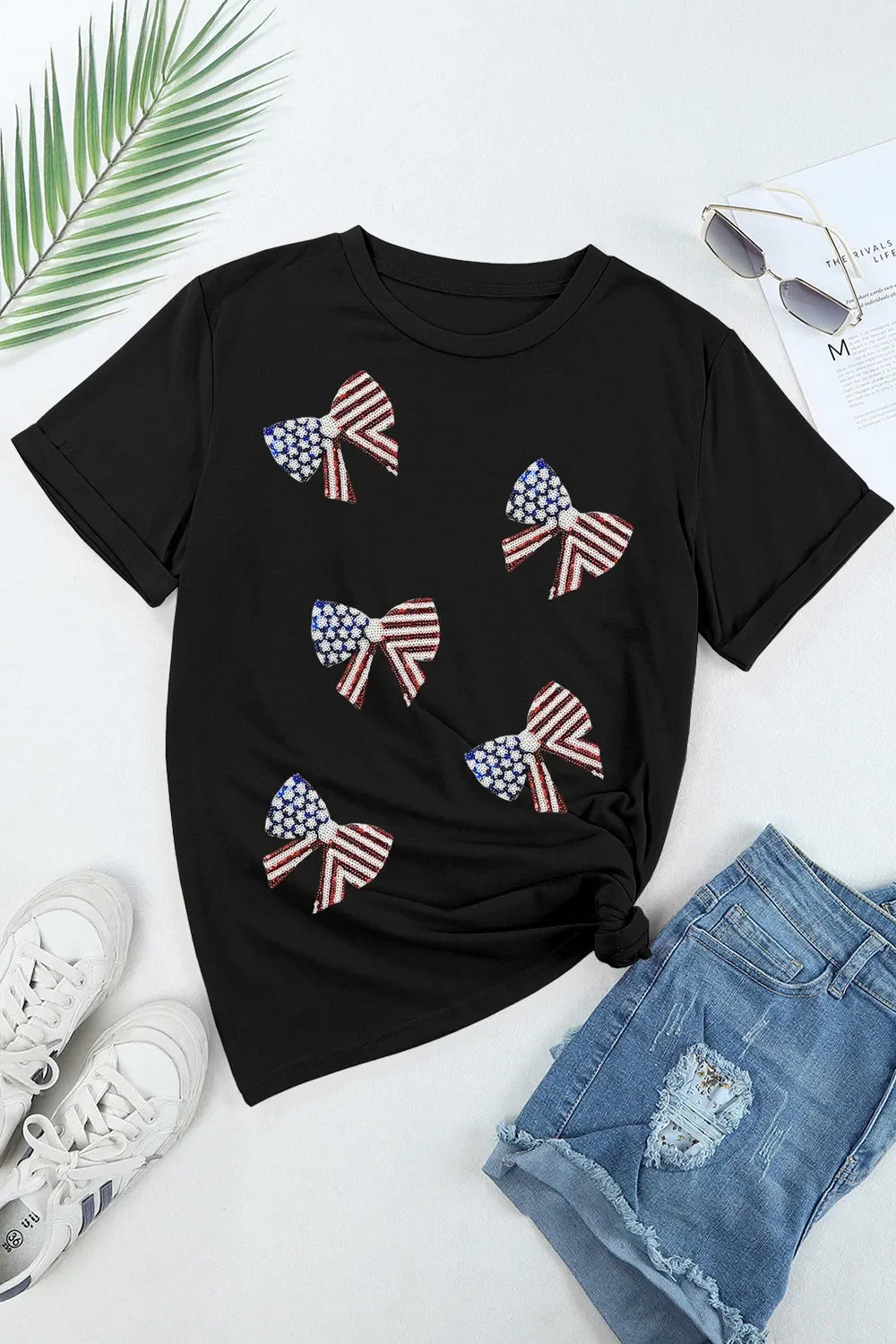 Sequin US Flag Round Neck Short Sleeve T-Shirt