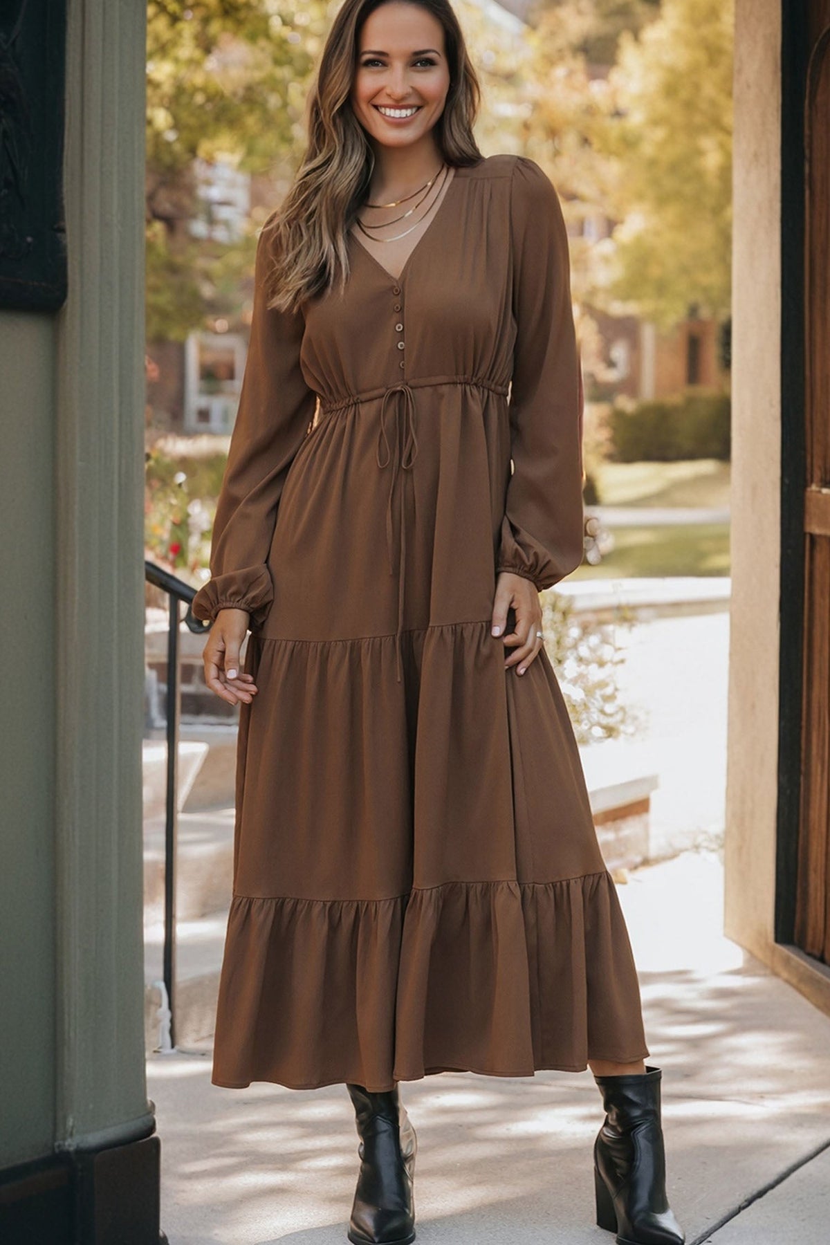 Solid Buttoned V-Neck Long Sleeve Tiered Maxi Dress