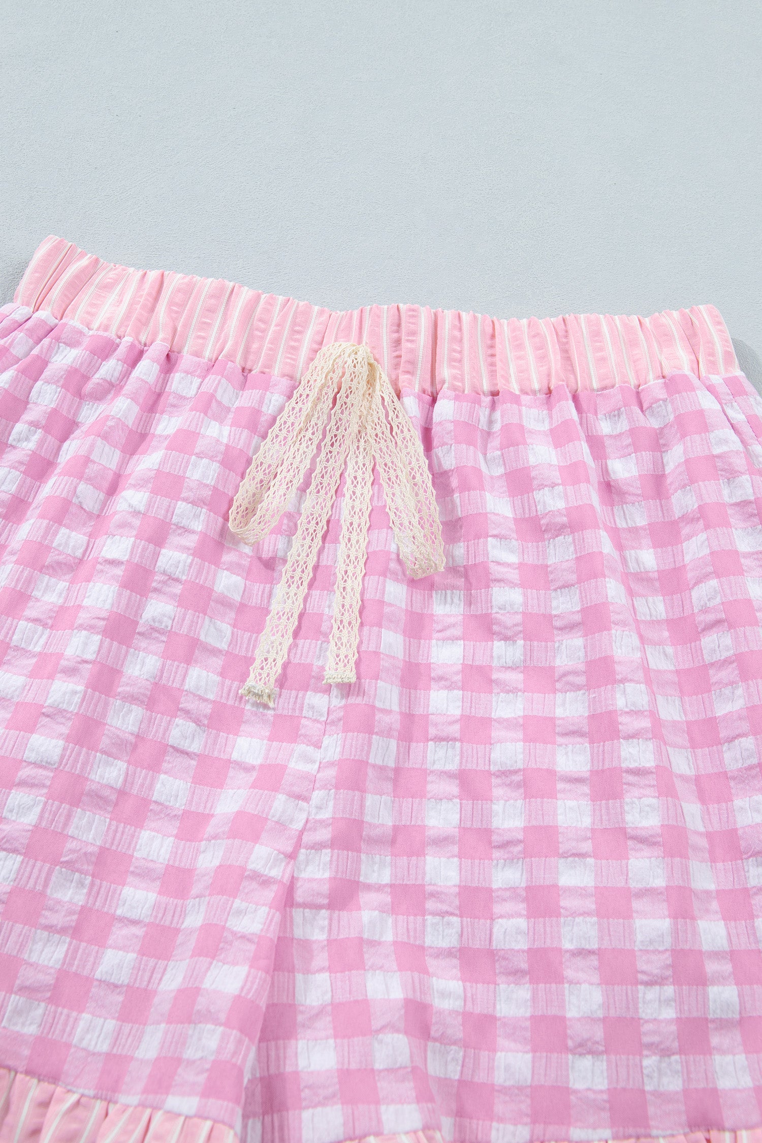 Pink Gingham Print Ruffle Striped Detail Lace Tie Shorts