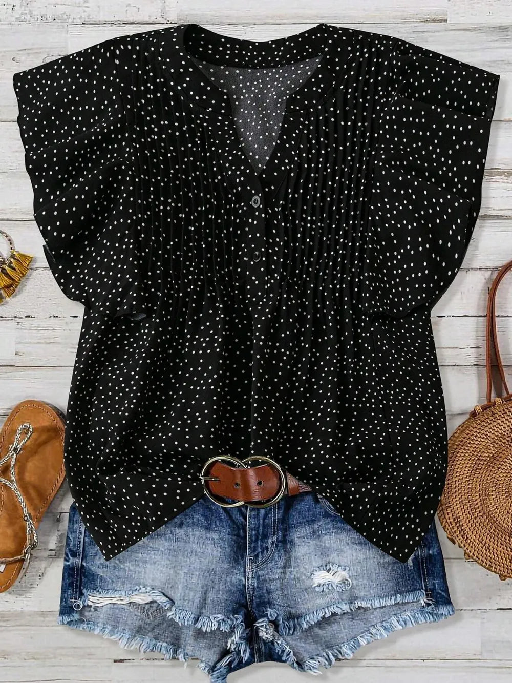 Polka Dot Notched Ruffled Cap Sleeve Blouse