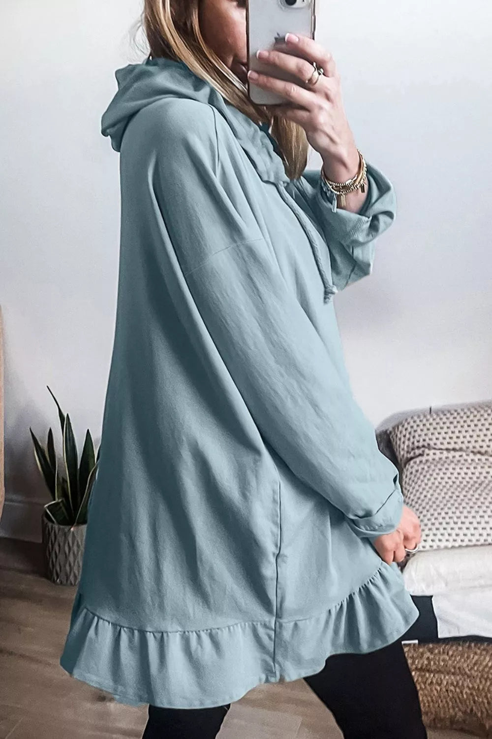 Solid Ruffled Hem Loose Fit Tunic Hoodie