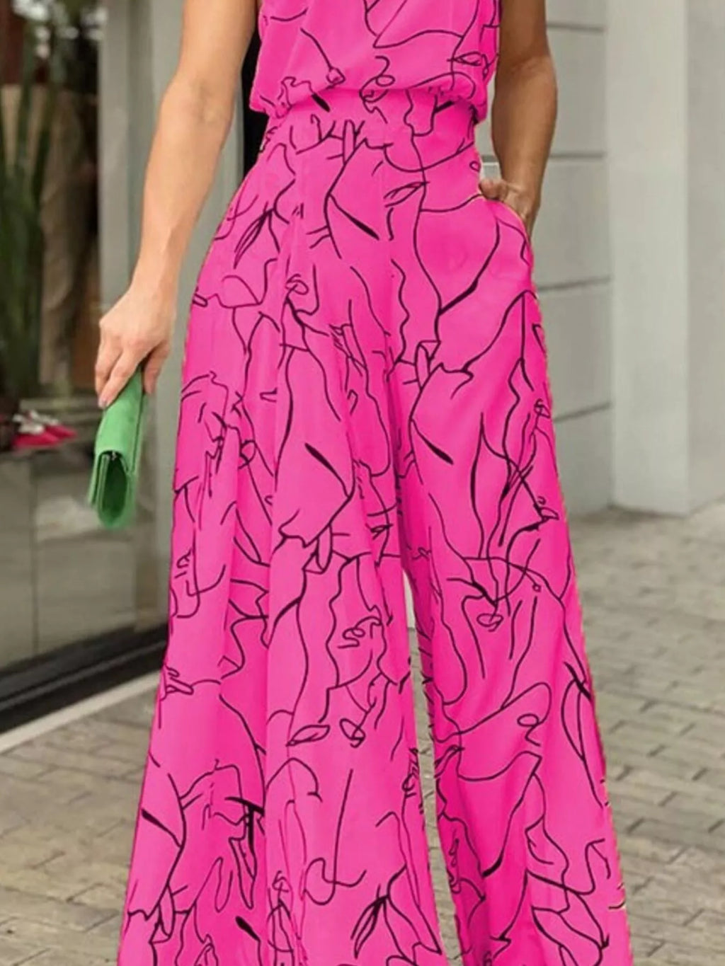 Halter Neck Abstract Print Wide Leg Jumpsuit