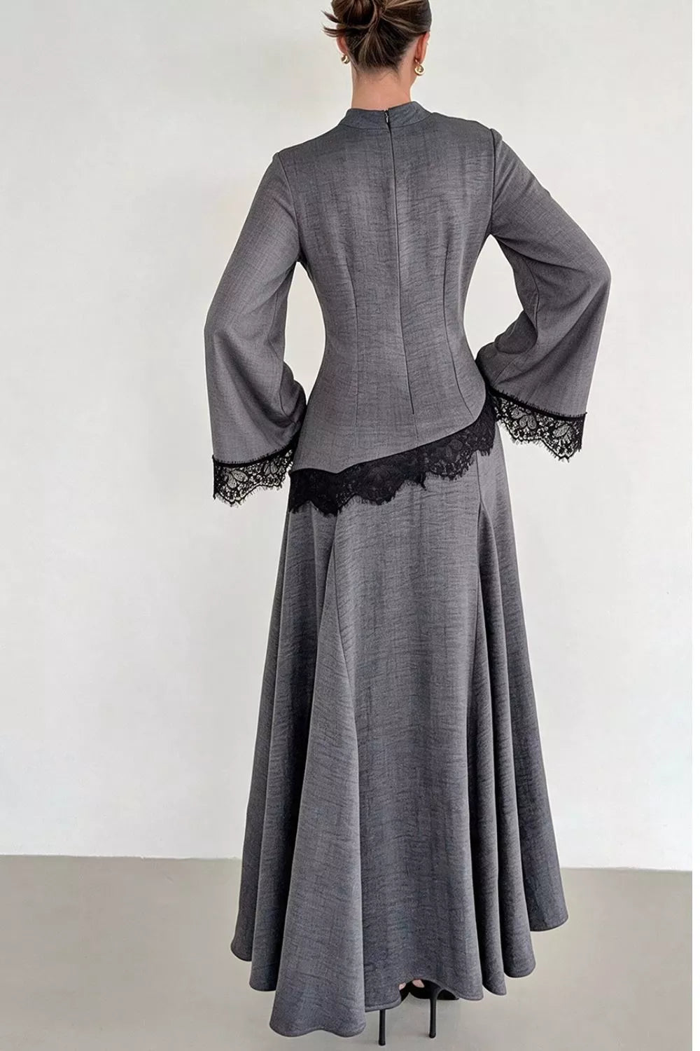 Lace Detail Mock Neck Top and Skirt Set