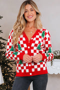 Red Checkered Christmas Tree Pattern Button V Neck Cardigan Sweater