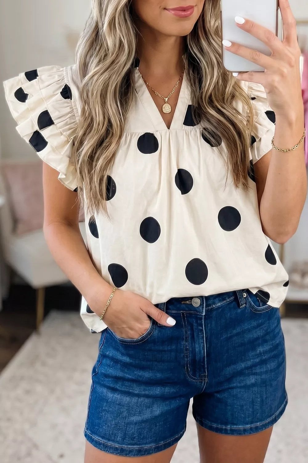 Casual Polka Dot V-Neck Ruffle Short Sleeve Blouse