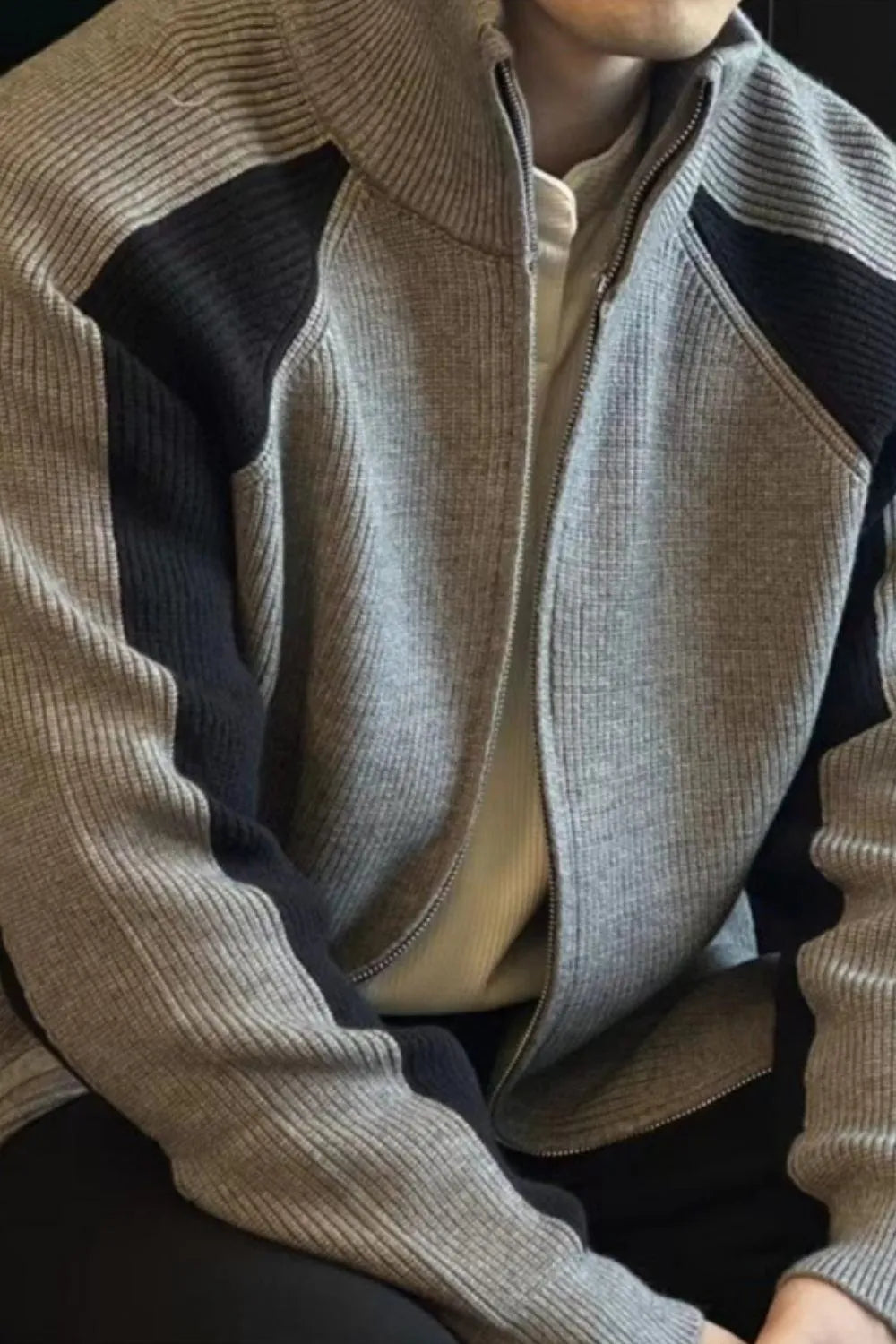 Men's Plus Size  Color Block Ribbed Knit Zip-Up Cardigan