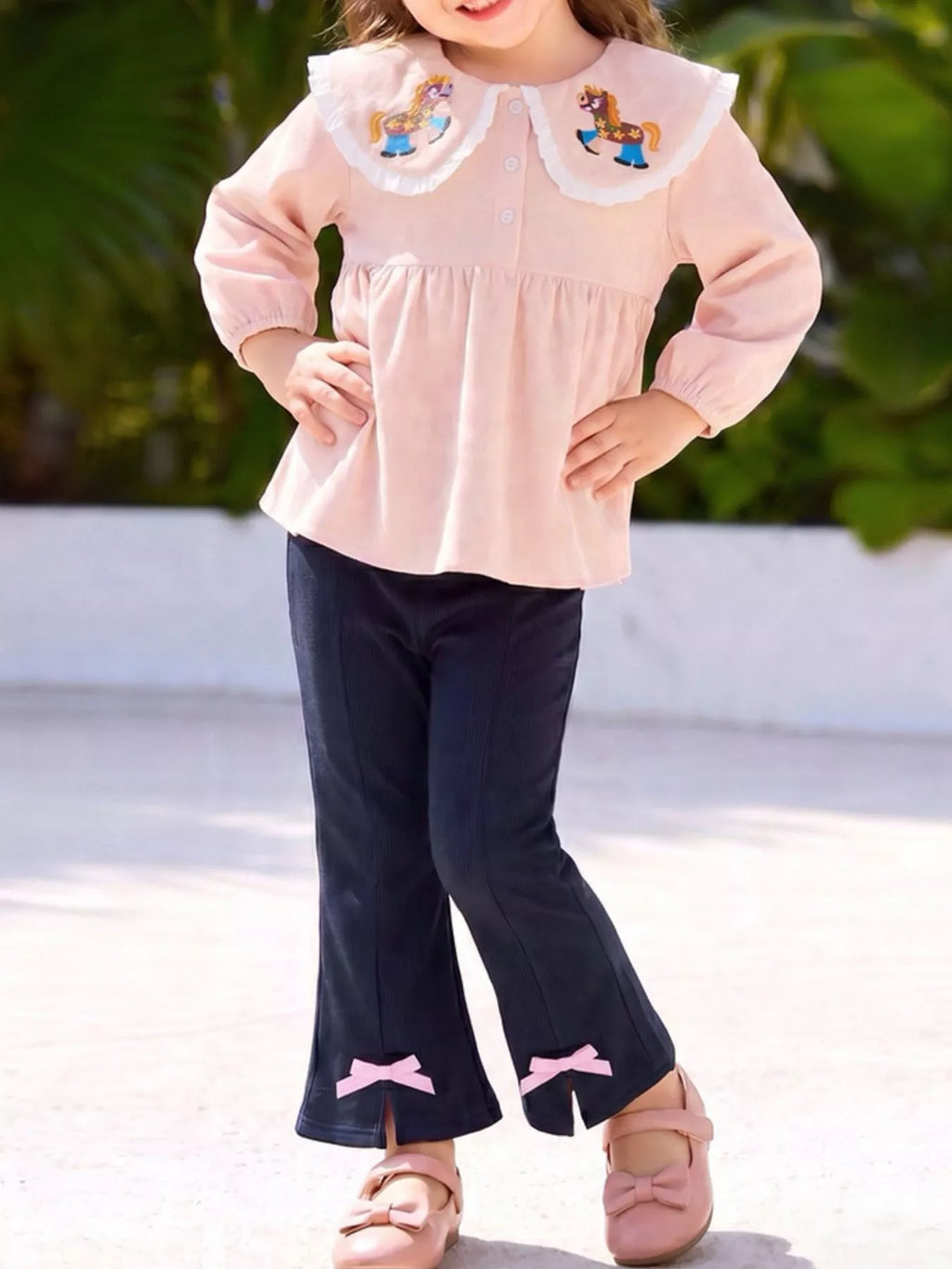Children's Pony Embroidered Top and Flare Pants Set