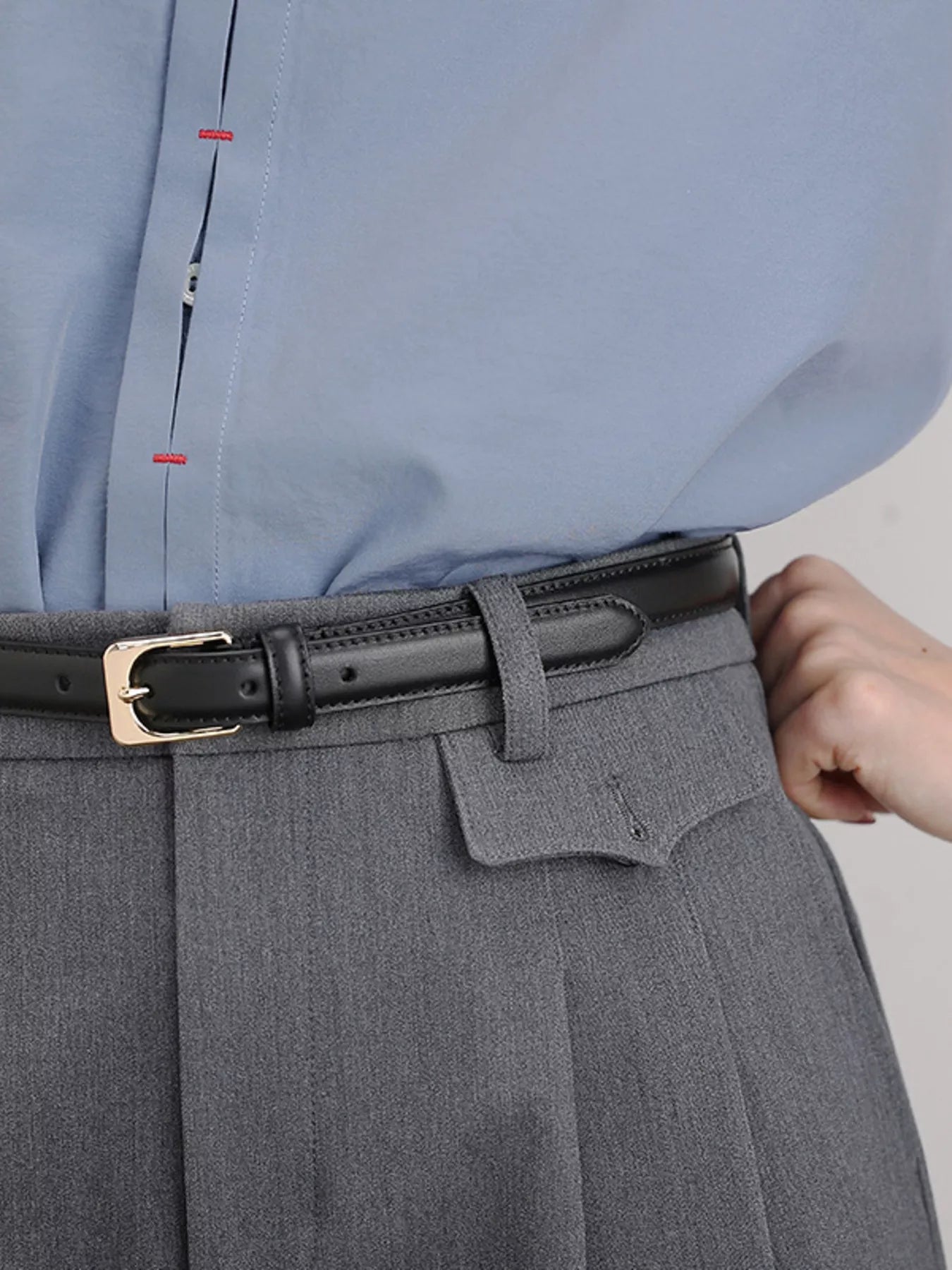 Skinny Leather Belt with Golden Buckle