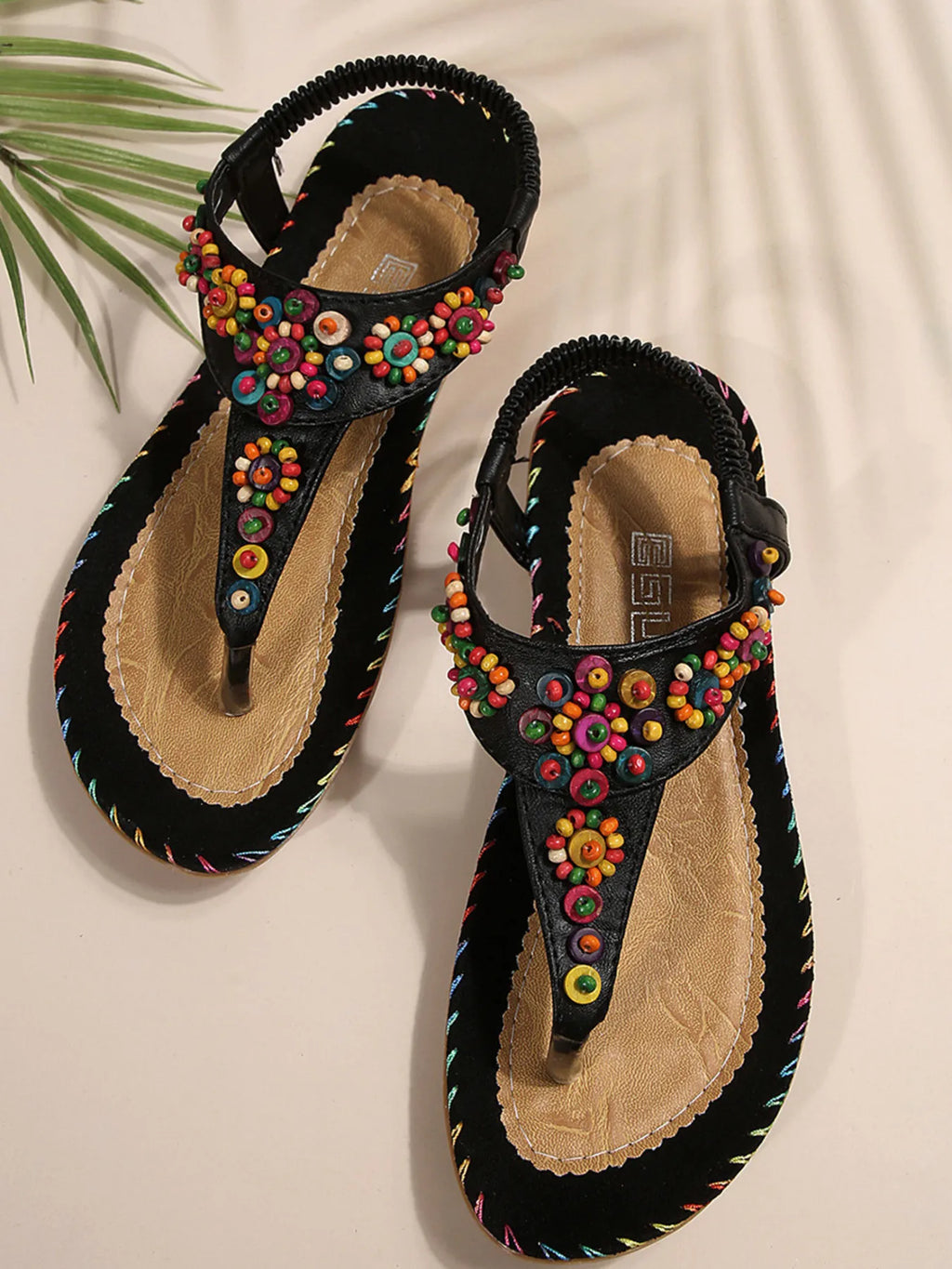 Colorful Beaded T-Strap Flat Sandals