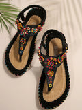Colorful Beaded T-Strap Flat Sandals