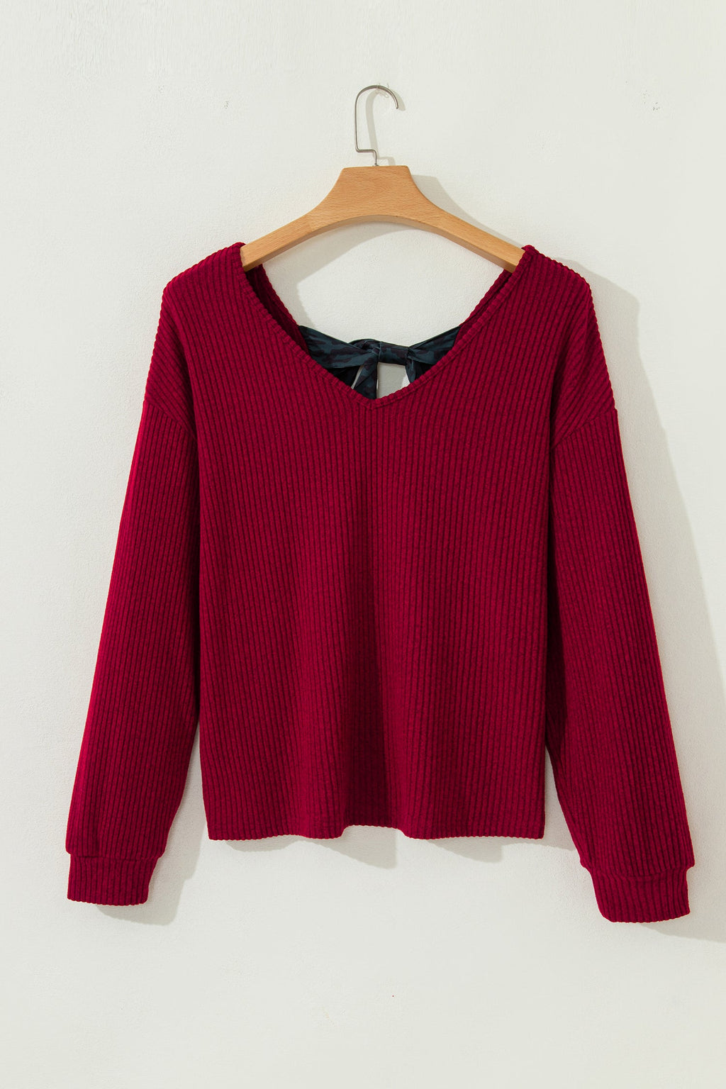 Leopard Bow Back Ribbed Knit Long Sleeve Top