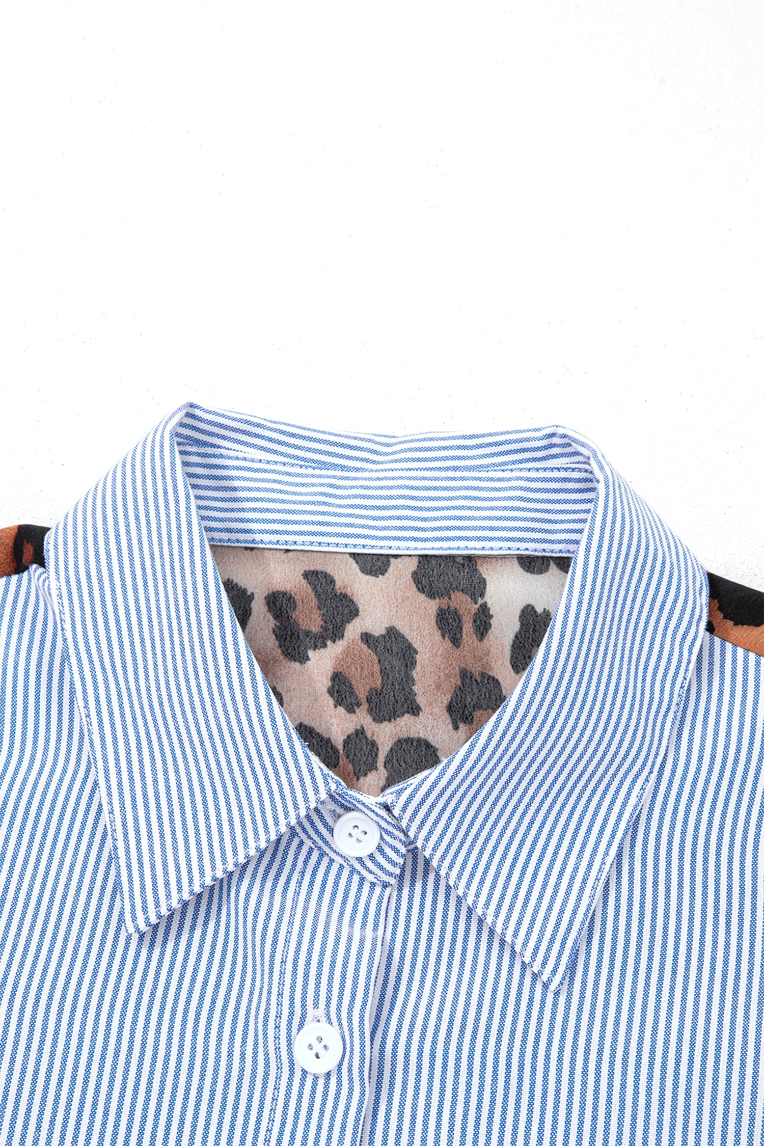 Sky Blue Stripe Contrasted Varsity Stripe Leopard Patchwork Button Down Shirt
