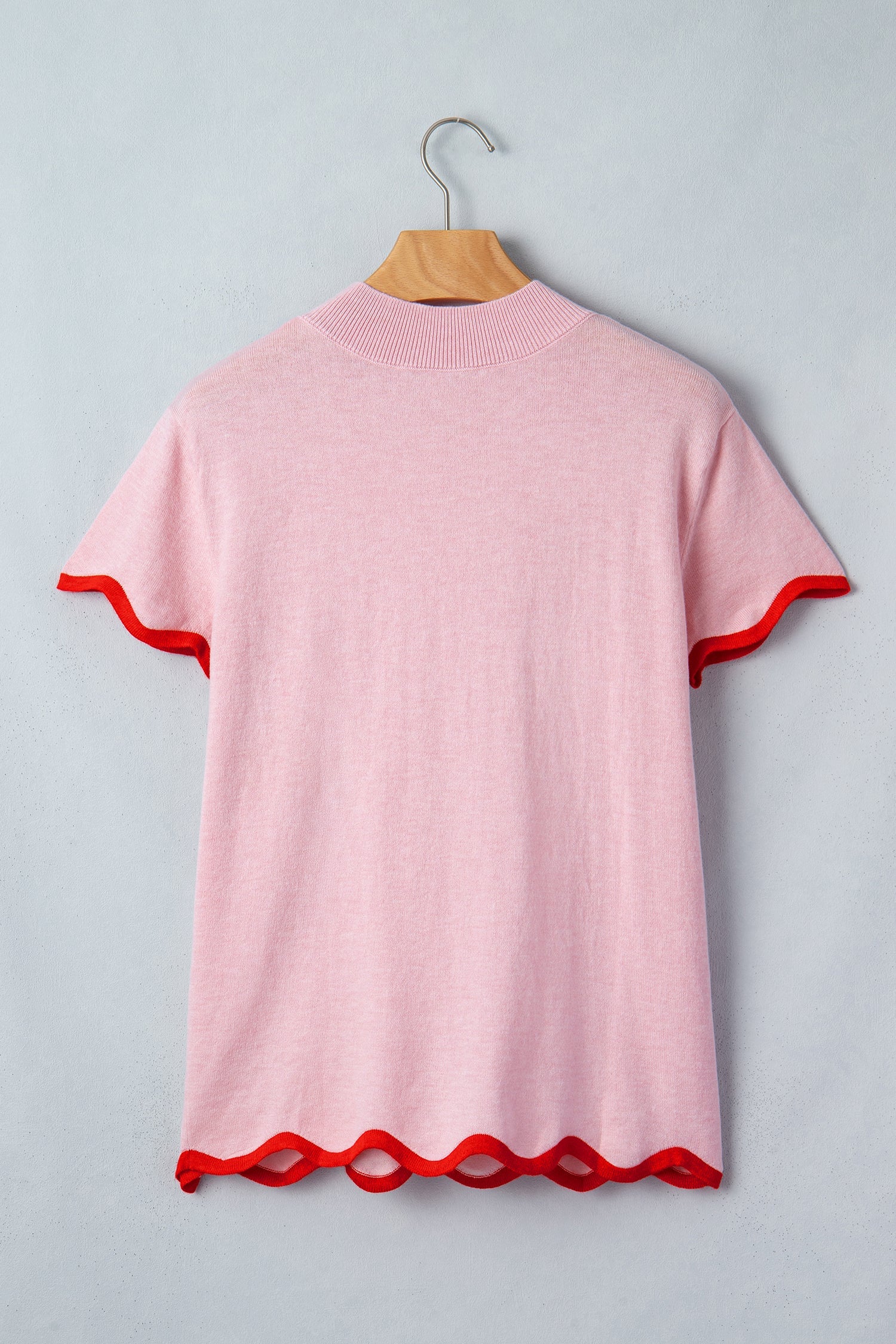 Pink Stand Neck Contrast Wavy Trim Short Sleeve Sweater