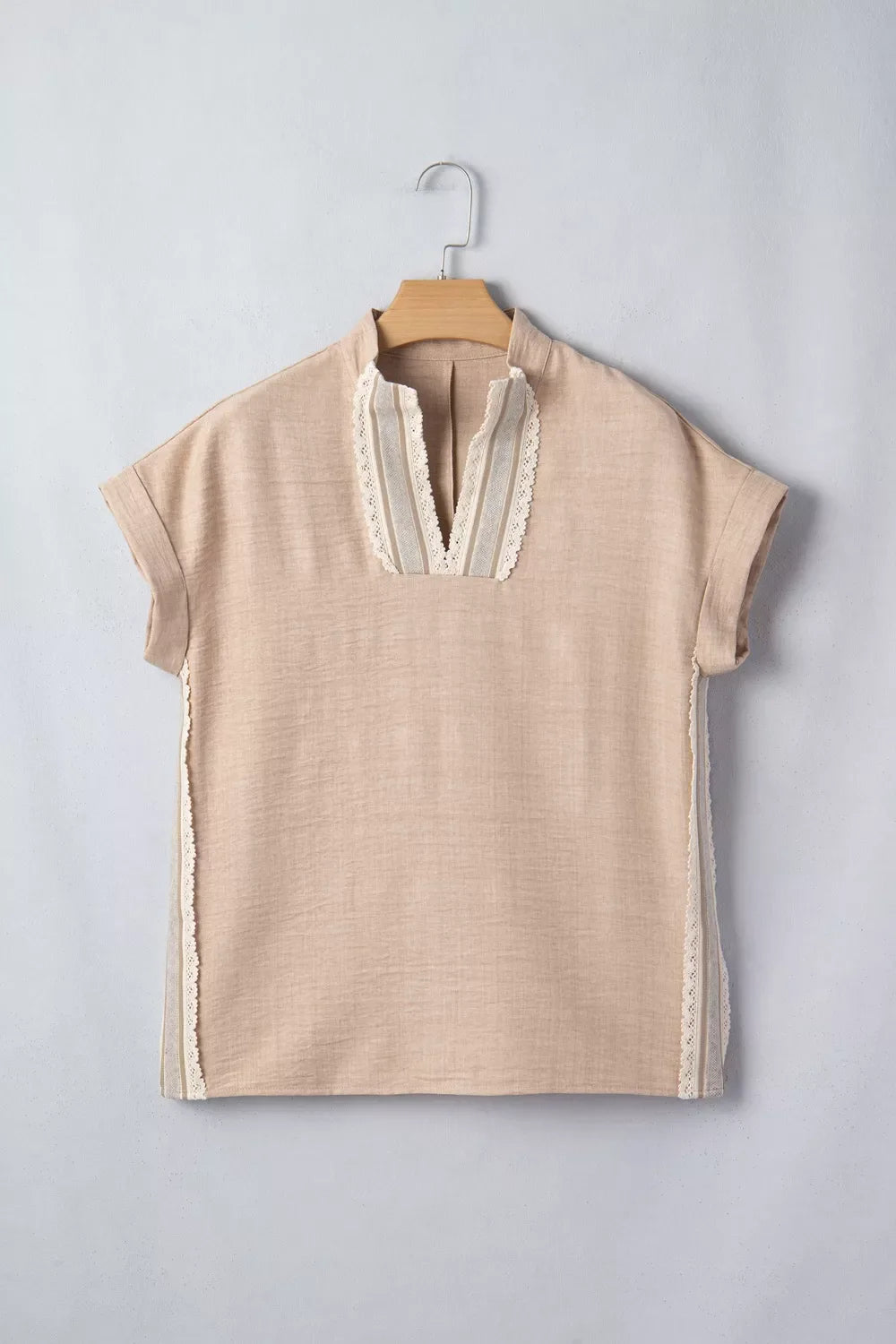 Crochet Lace Accent Pullover Rolled Short Sleeve Blouse