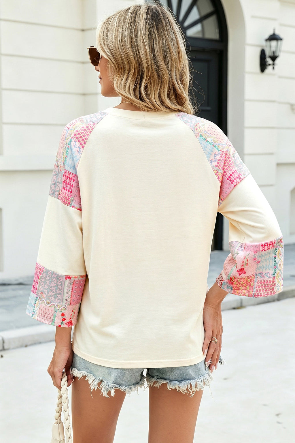 Beige Color Block Retro Floral Patchwork Long Sleeve Top