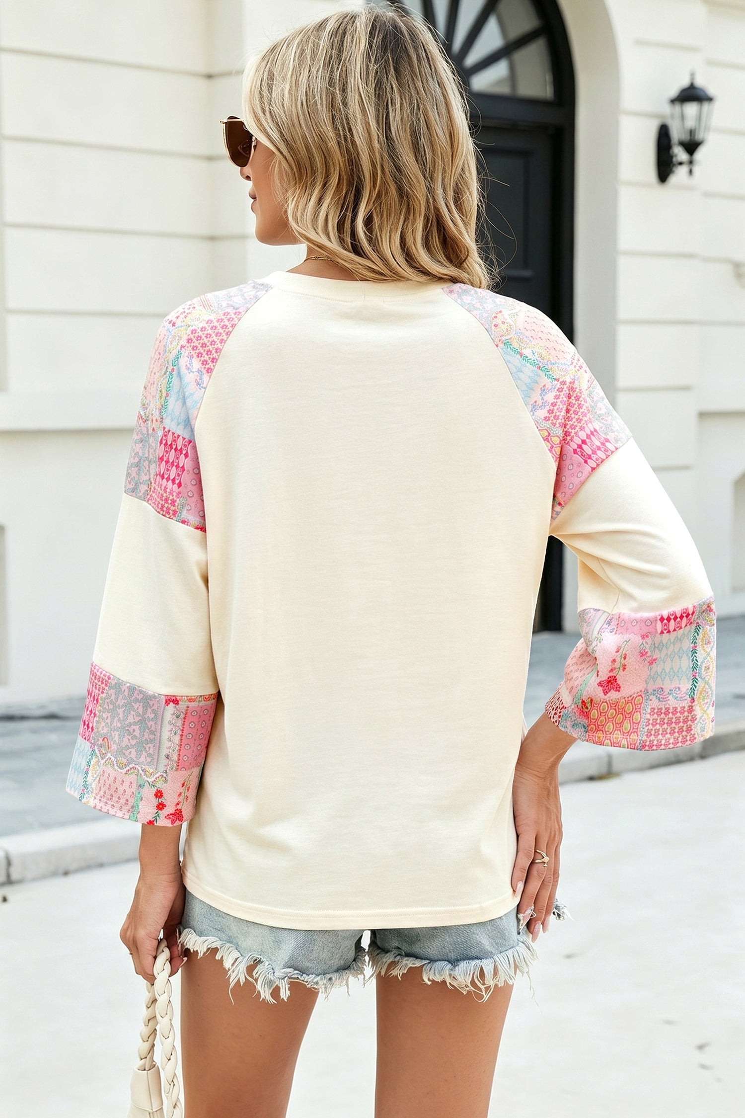 Beige Color Block Retro Floral Patchwork Long Sleeve Top