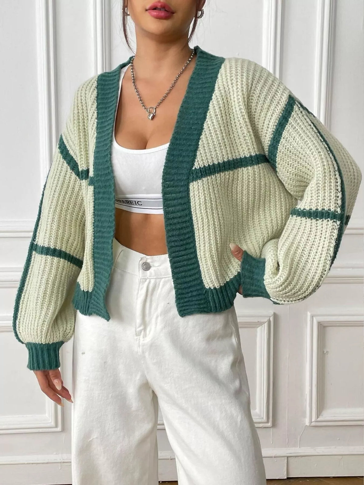 Color-Block Ribbed Knit Open-Front Cropped Cardigan
