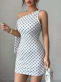 One-Shoulder Polka Dot Bodycon Mini Dress
