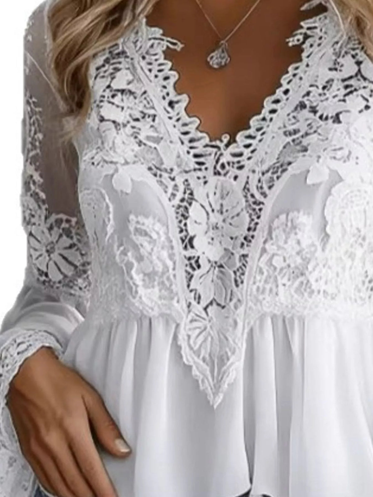 Lace V-Neck Long Sleeve Blouse with Peplum Hem