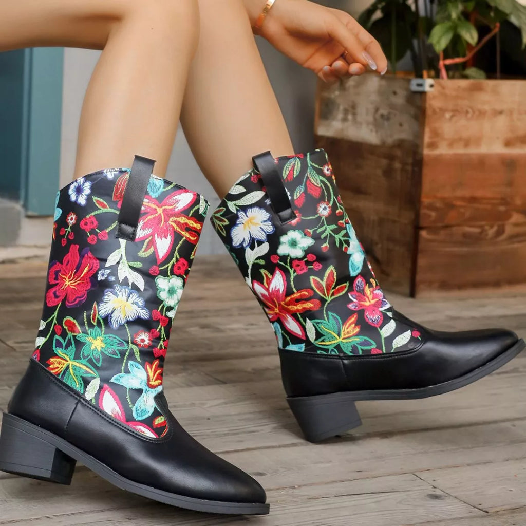 Floral Block Heel Boots