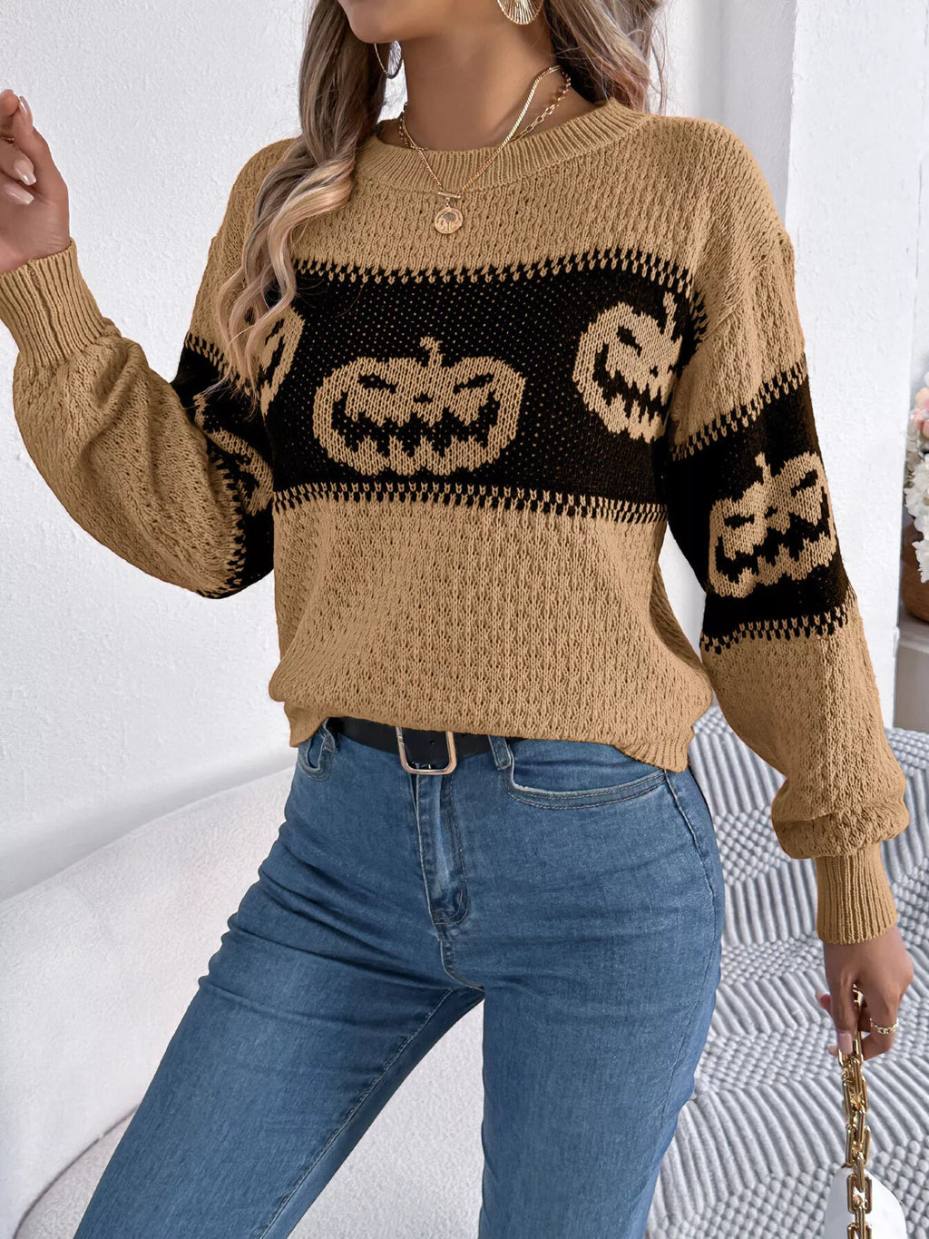 Halloween Pumpkin Pattern Round Neck Sweater