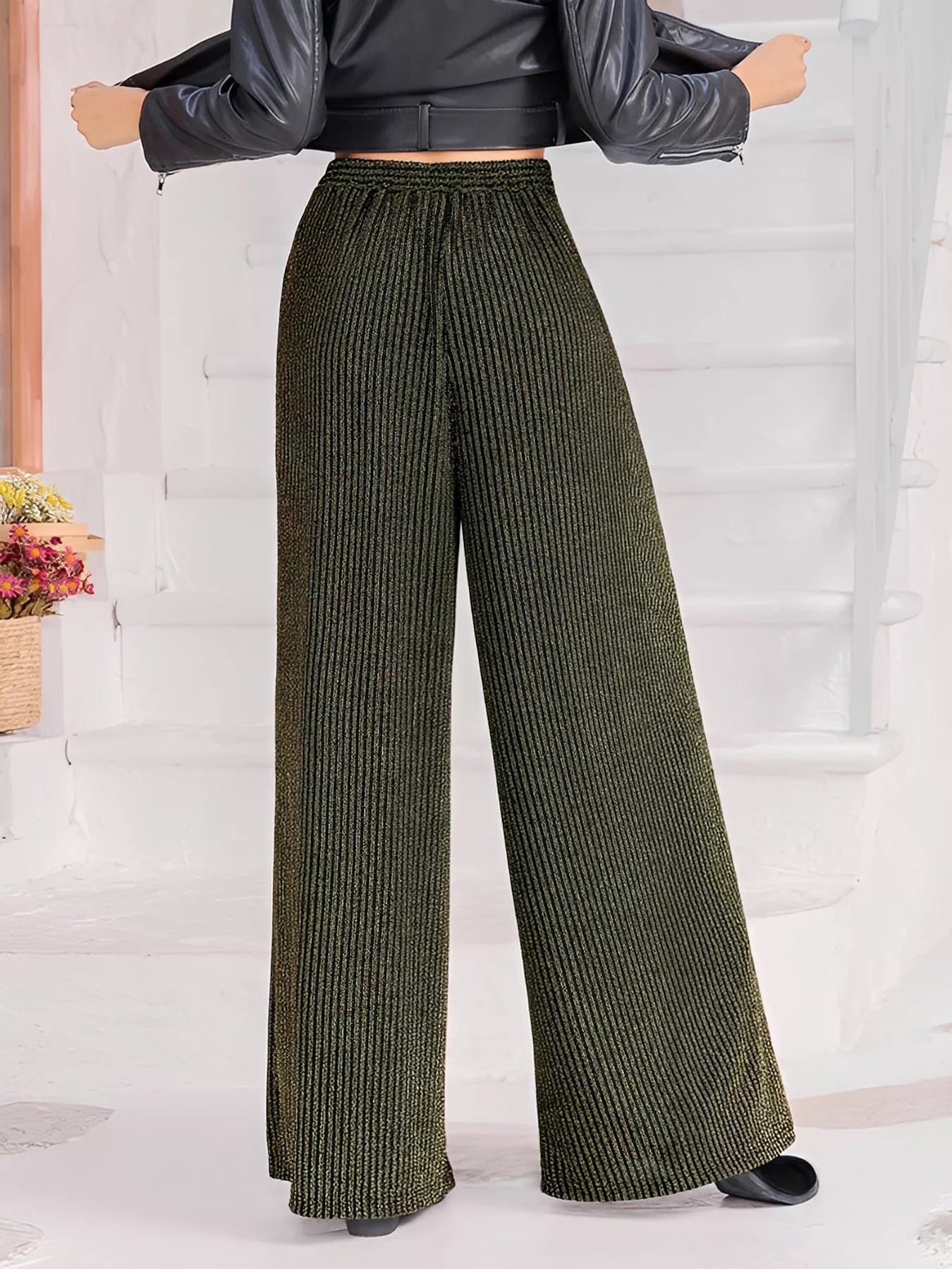 Striped High Waist Tie Wide Leg Pants