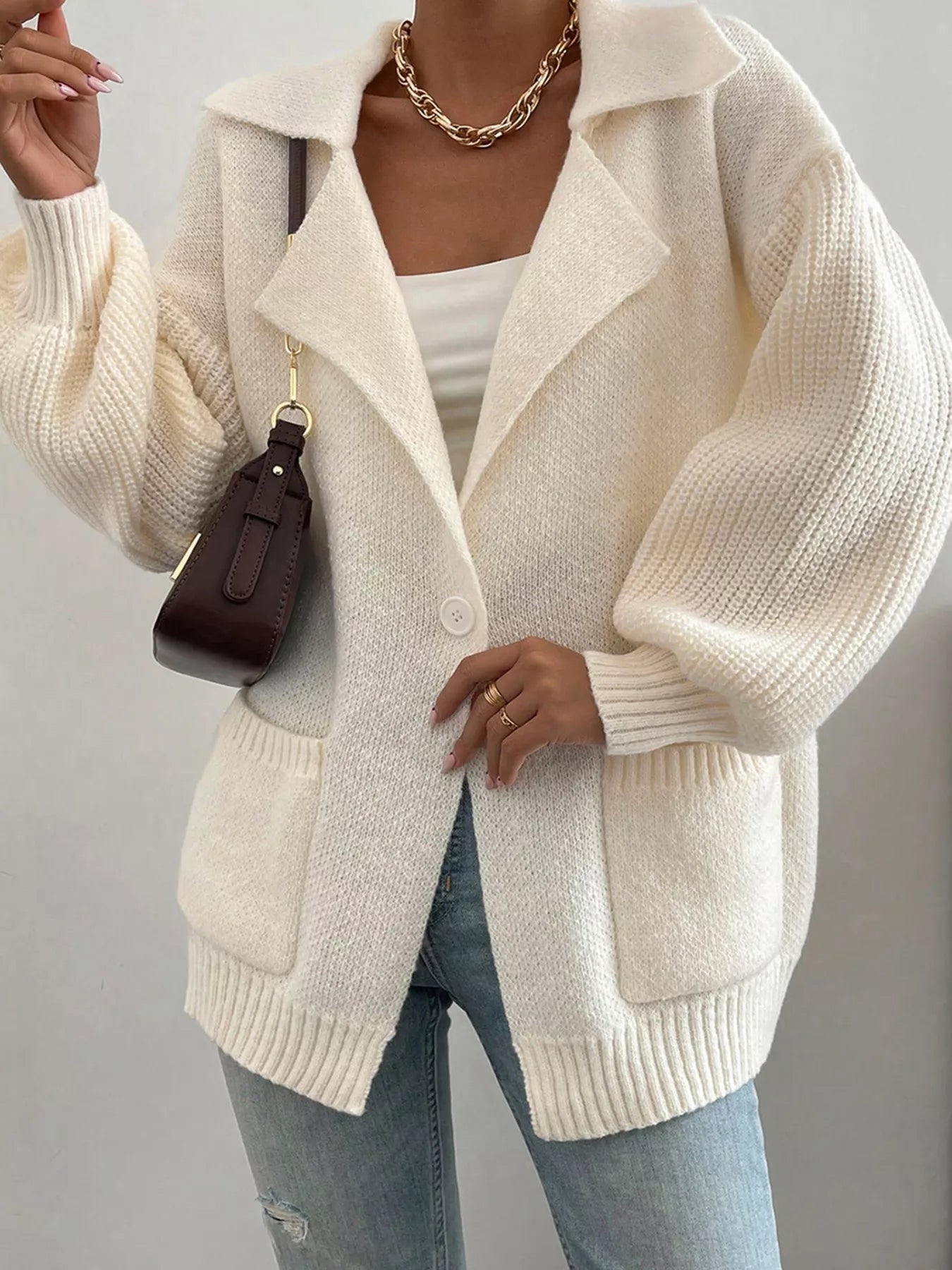 Solid Color Knit Lapel Collar Single Button Sweater Cardigan