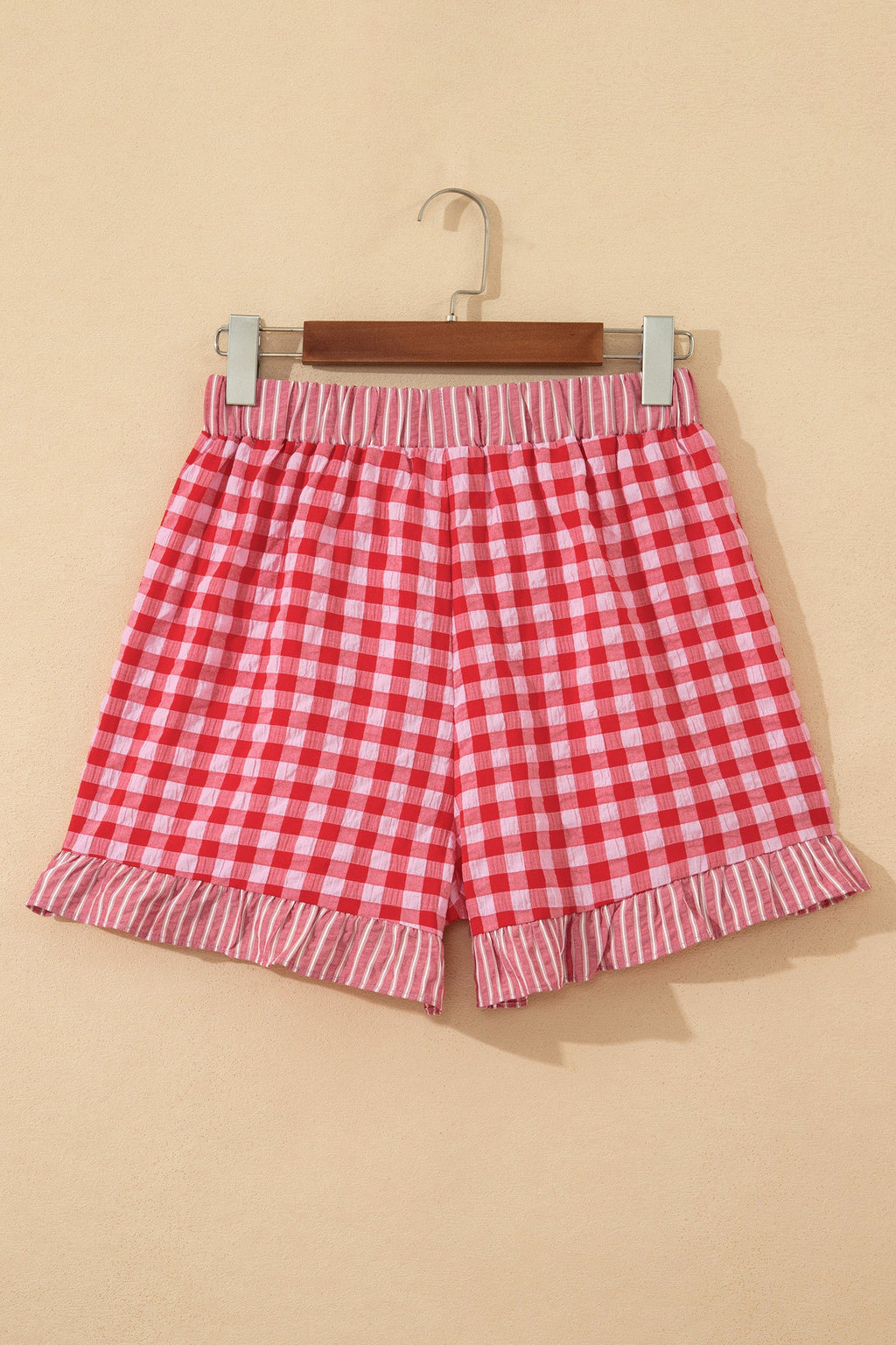 Red Gingham Print Ruffle Striped Detail Lace Tie Shorts