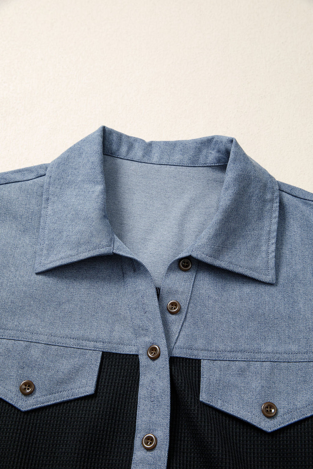 Black Waffle Knit Denim Color Block Patchwork Button Flap Polo Top