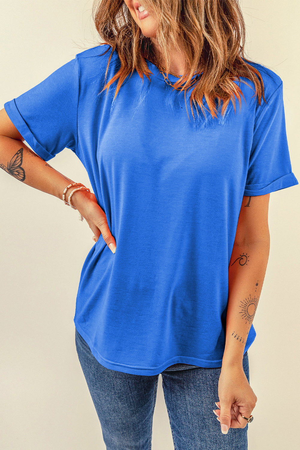 Dark Blue Casual Plain Crew Neck Tee