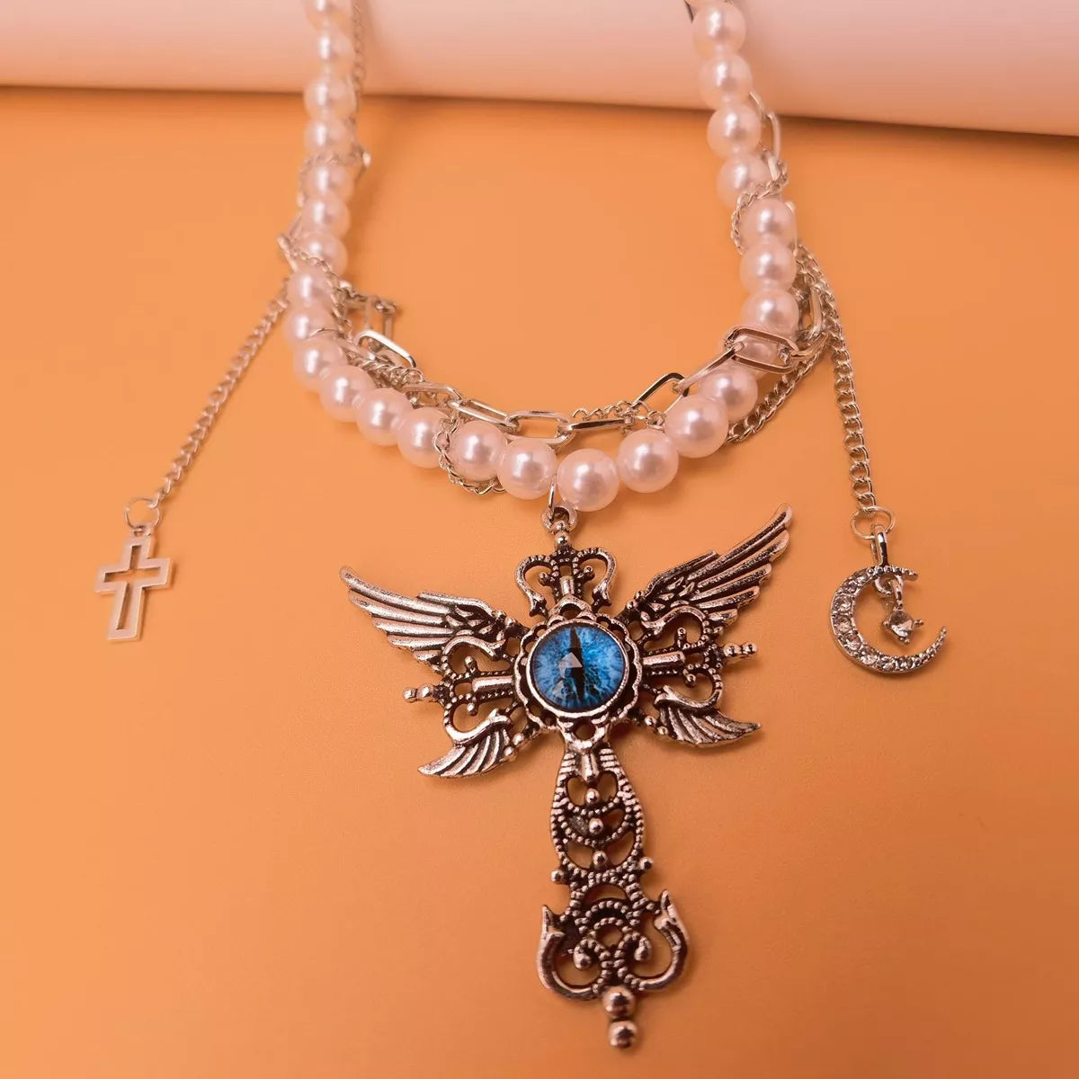 Gothic Pearl Double Layered Necklace with Wing Pendant
