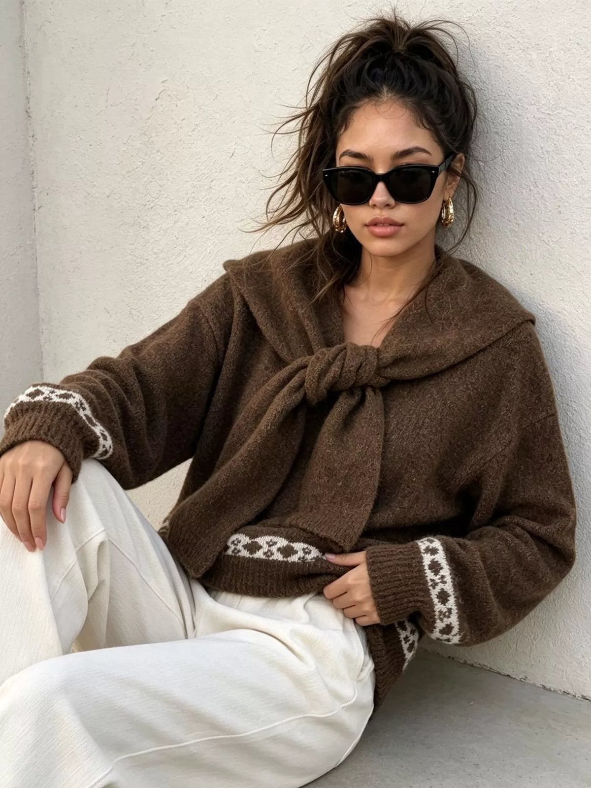 Scarf Detail Dropped Shoulder Sweater