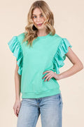 Solid Round Neck Top with Shoulder Ruffle Detail