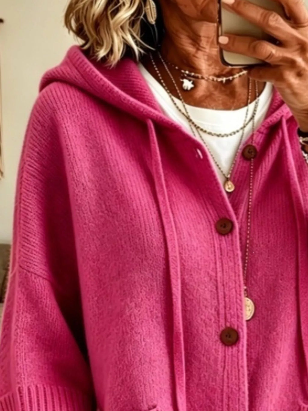 Full Size Hooded Button-Down Knit Cardigan Plus Size