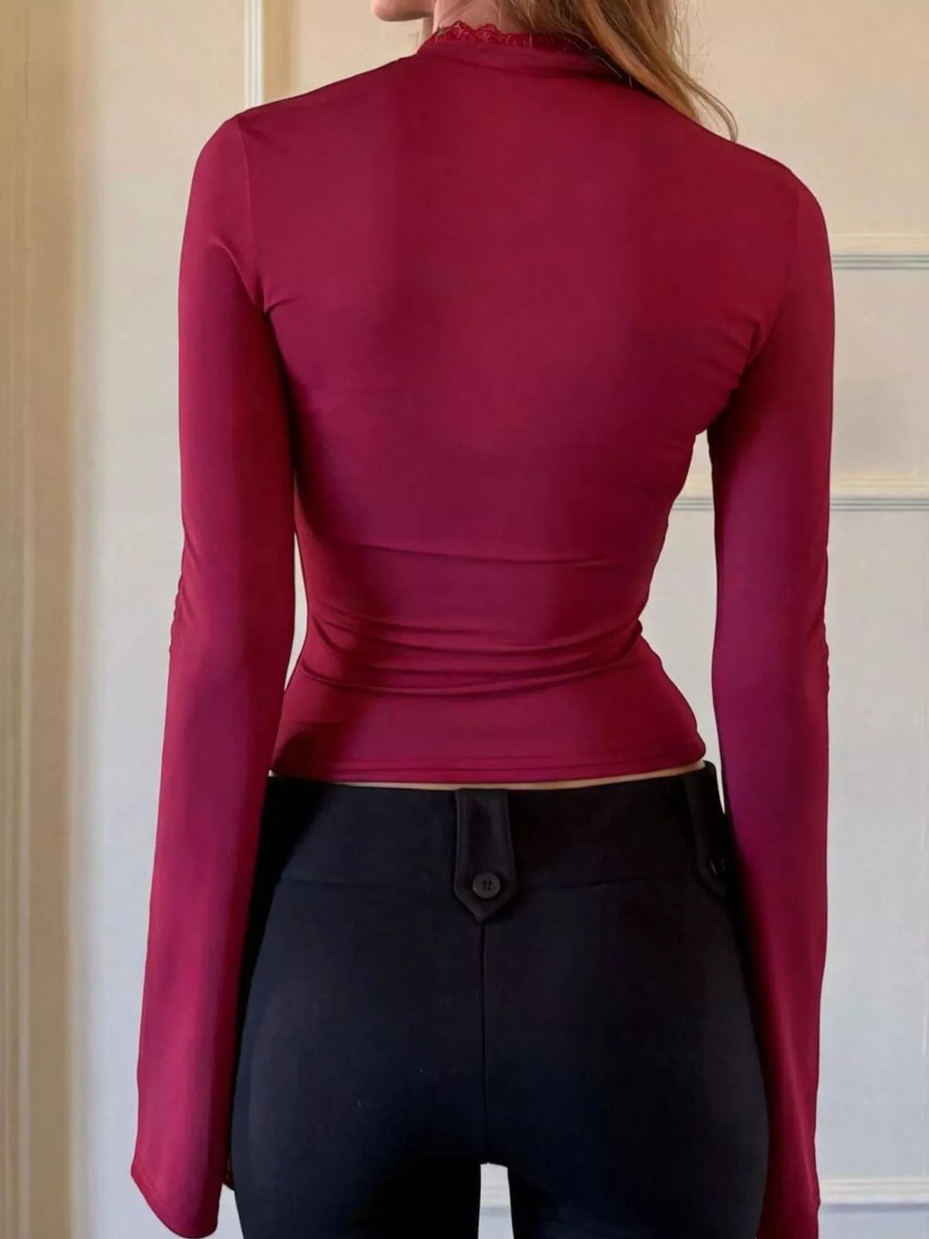 Lace-Trimmed Keyhole Long Sleeve T-Shirt
