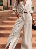 Full Size Tie-Front Shirt and Button-Down Wide-Leg Pants Set Plus Size