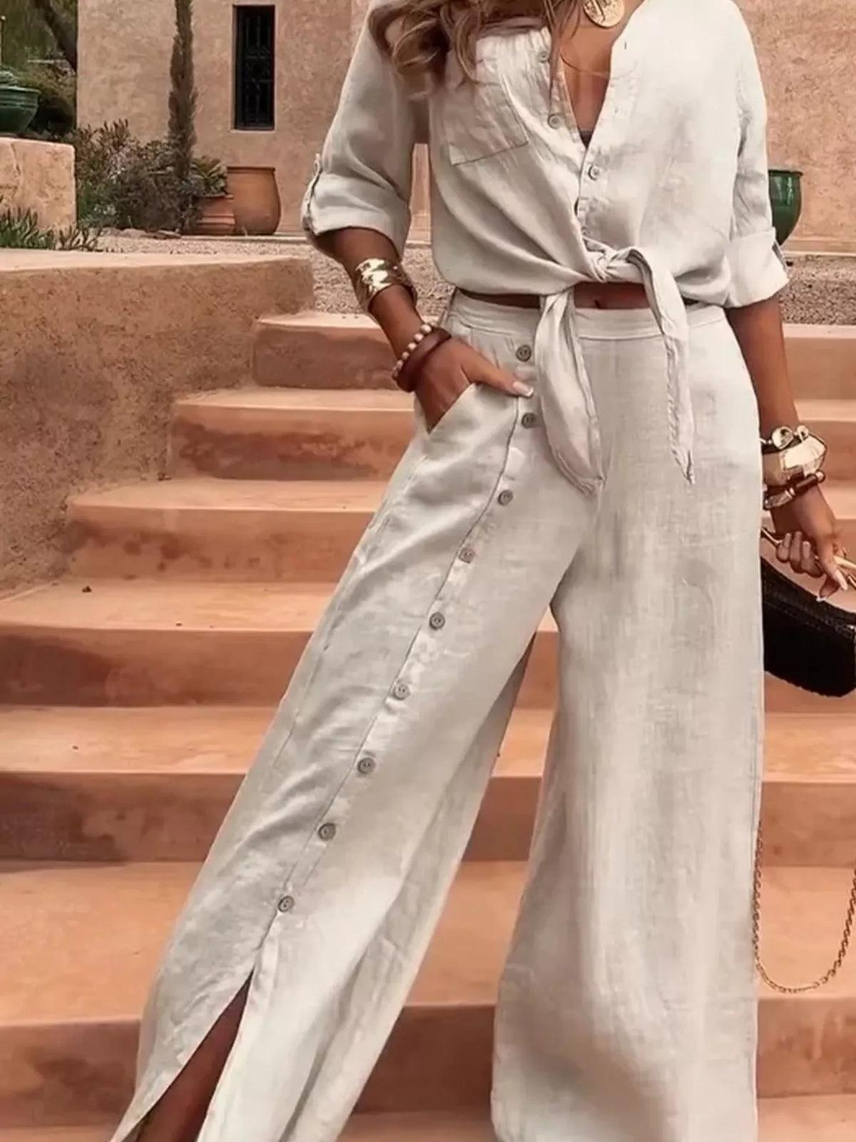 Full Size Tie-Front Shirt and Button-Down Wide-Leg Pants Set Plus Size