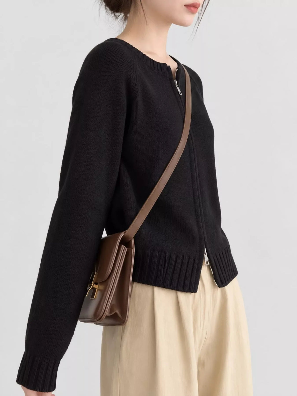 Ribbed Hem Zip-Up Cardigan