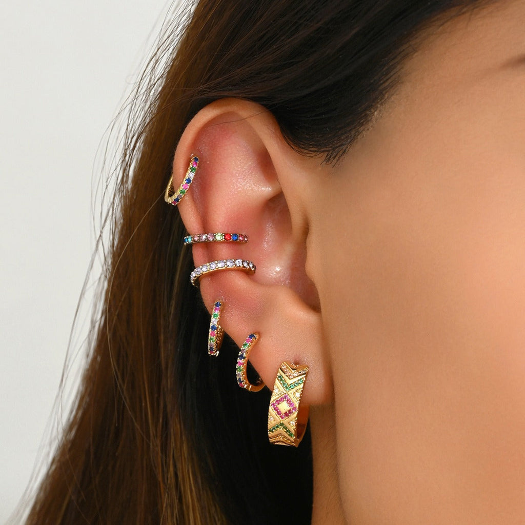 Ins Light Luxury Fashion Palace Style Women's Earrings Simple Inlaid Colorful Zircon Niche Design Ear Buckle Earrings