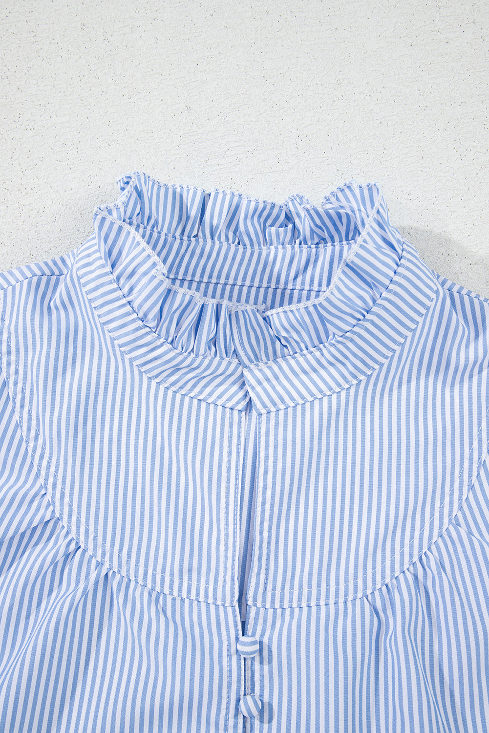 Sky Blue Stripe Ruffled Collar Puff Sleeve Half Buttons Blouse