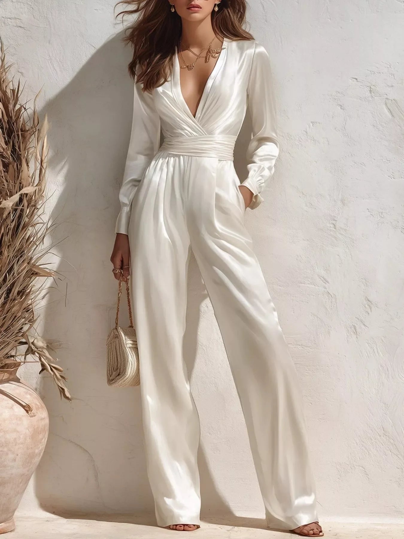 Satin Long Sleeve Wide Leg Jumpsuit