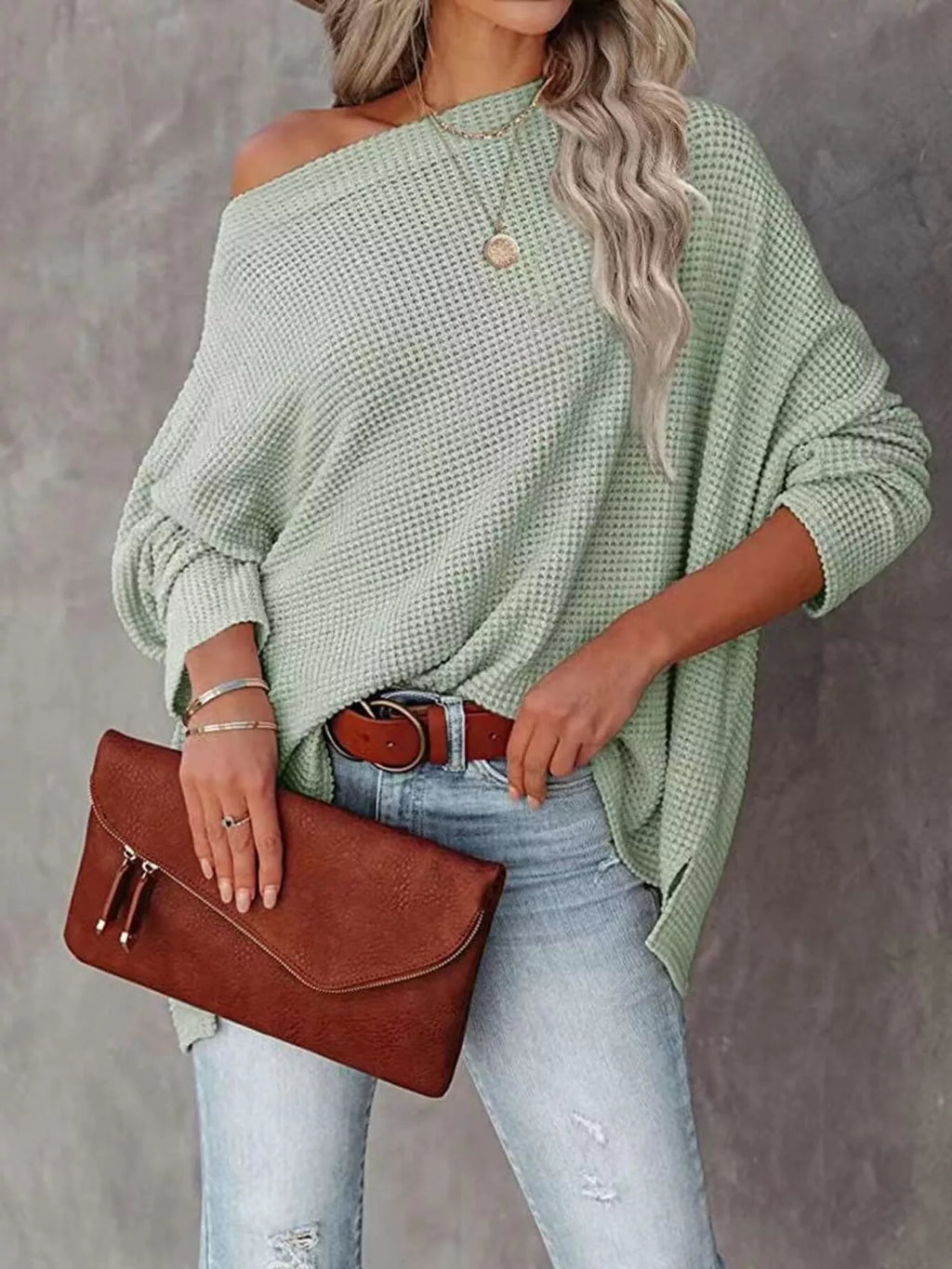 Boat Neck Waffle Knit Top