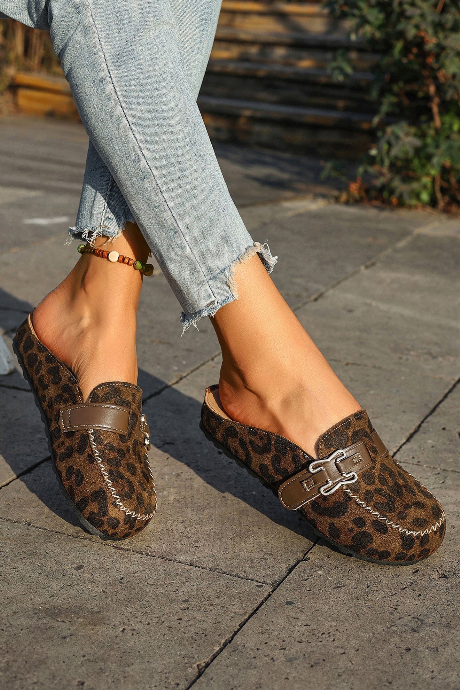 Coffee Faux Suede Cute Buckle PU Leather Strap Mule Slippers