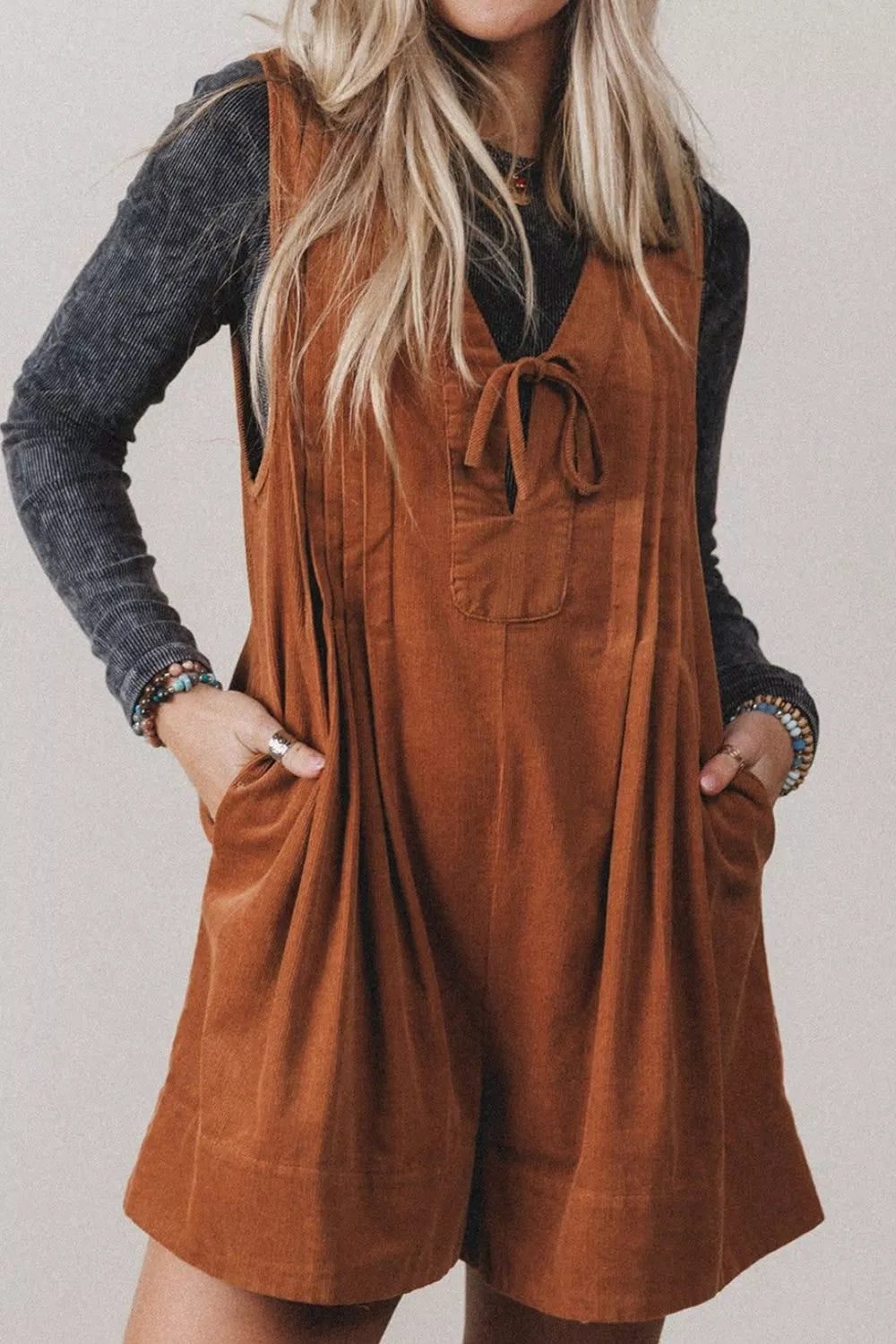 Solid Color Tie V Neck Sleeveless Corduroy Romper