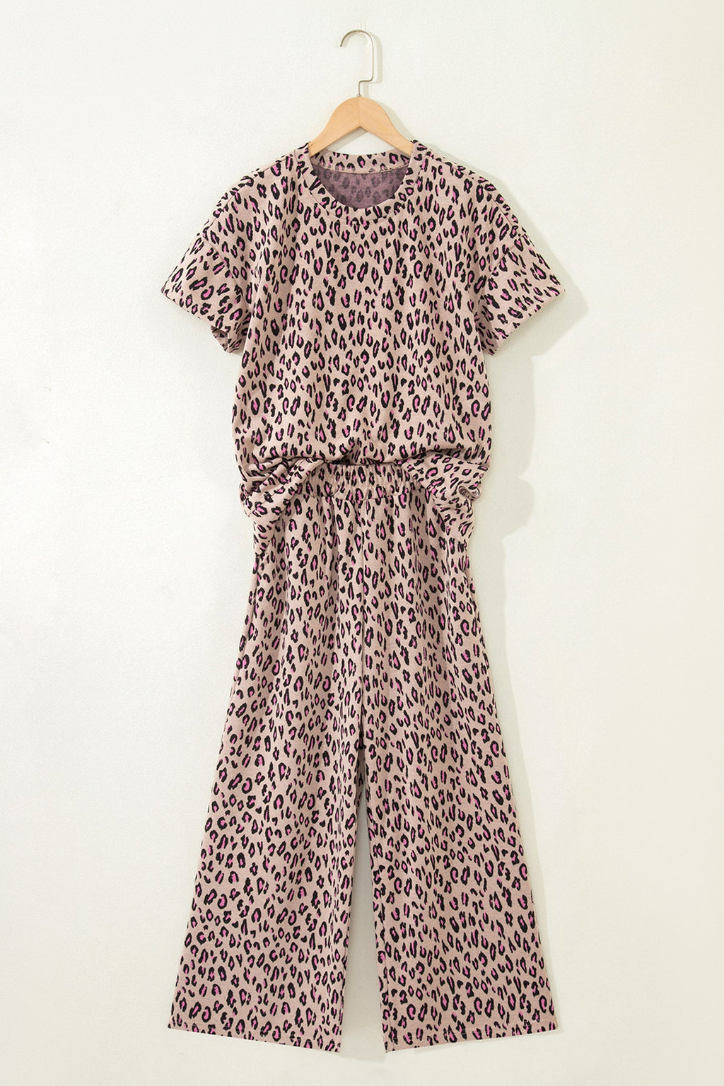 Pink Leopard Print Casual Tee and Pants 2pcs Outfit