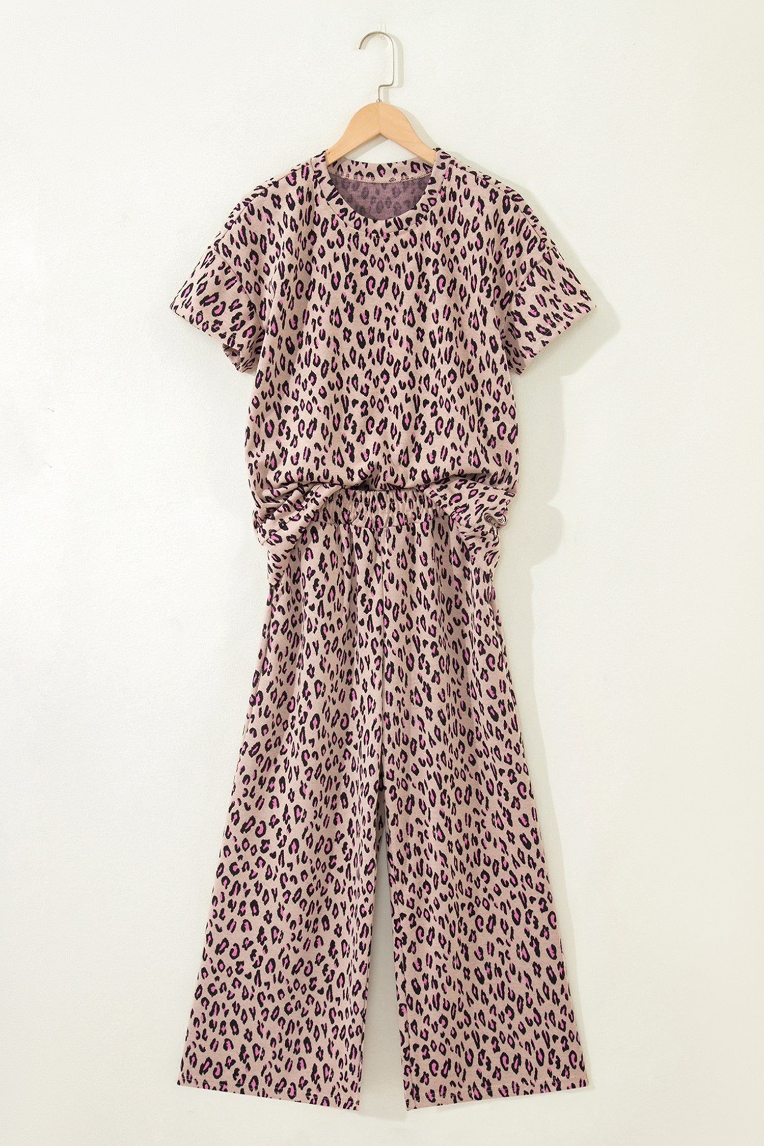 Pink Leopard Print Casual Tee and Pants 2pcs Outfit