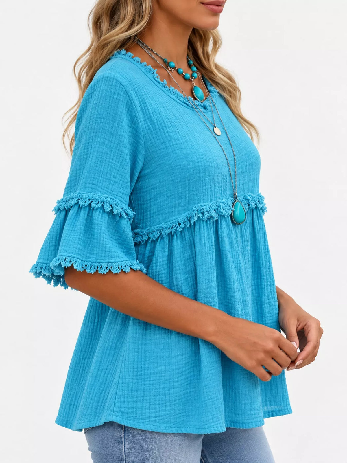 Full Size Frayed Edge Textured Blouse Plus Size