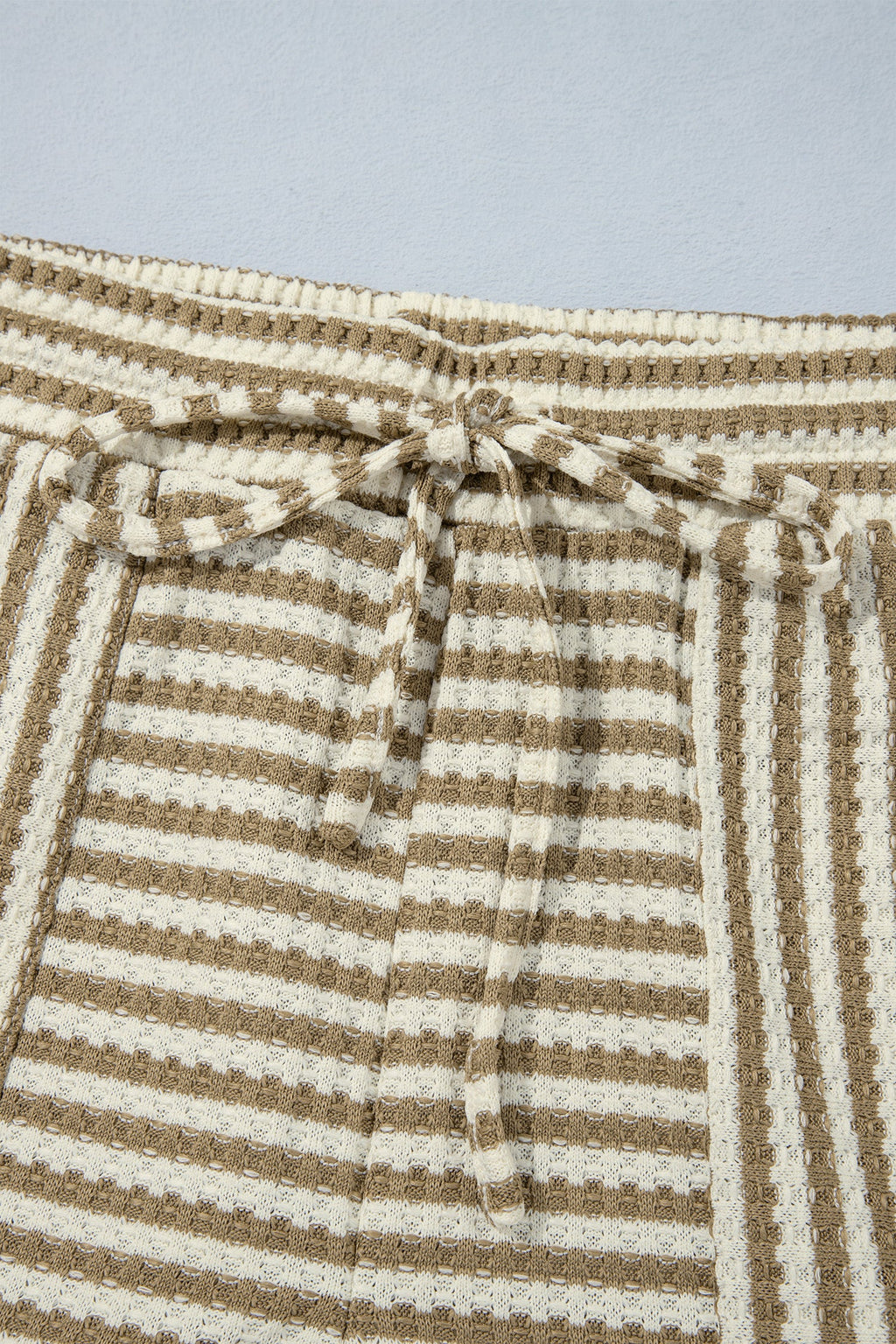 Brown Stripe Textured Knit Long Sleeve Top Elastic Waist Shorts Casual Outfit