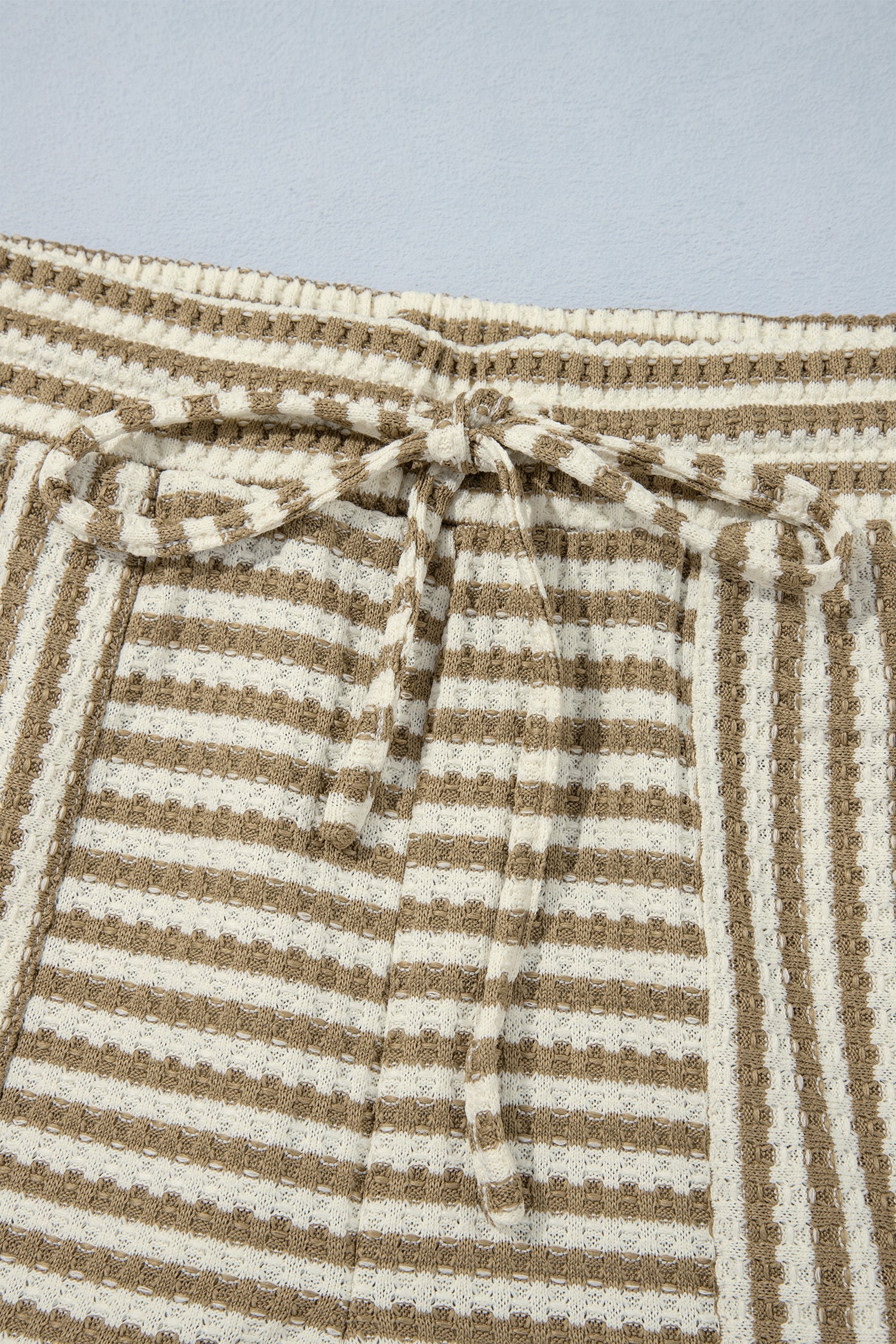 Brown Stripe Textured Knit Long Sleeve Top Elastic Waist Shorts Casual Outfit