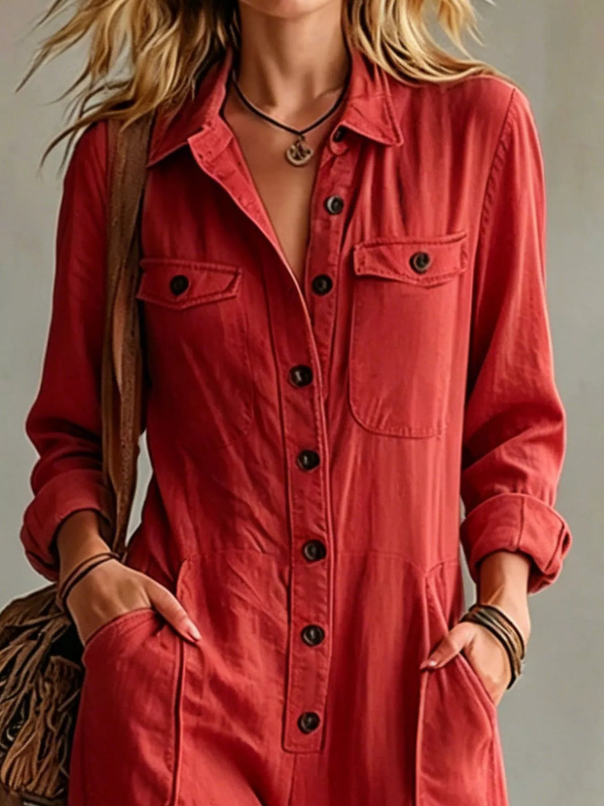 Full Size Long Sleeve Button Front Jumpsuit Plus Size